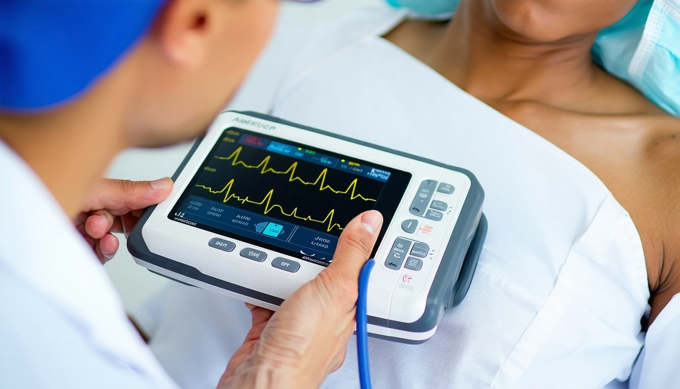 A healthcare professional using a portable ECG mac